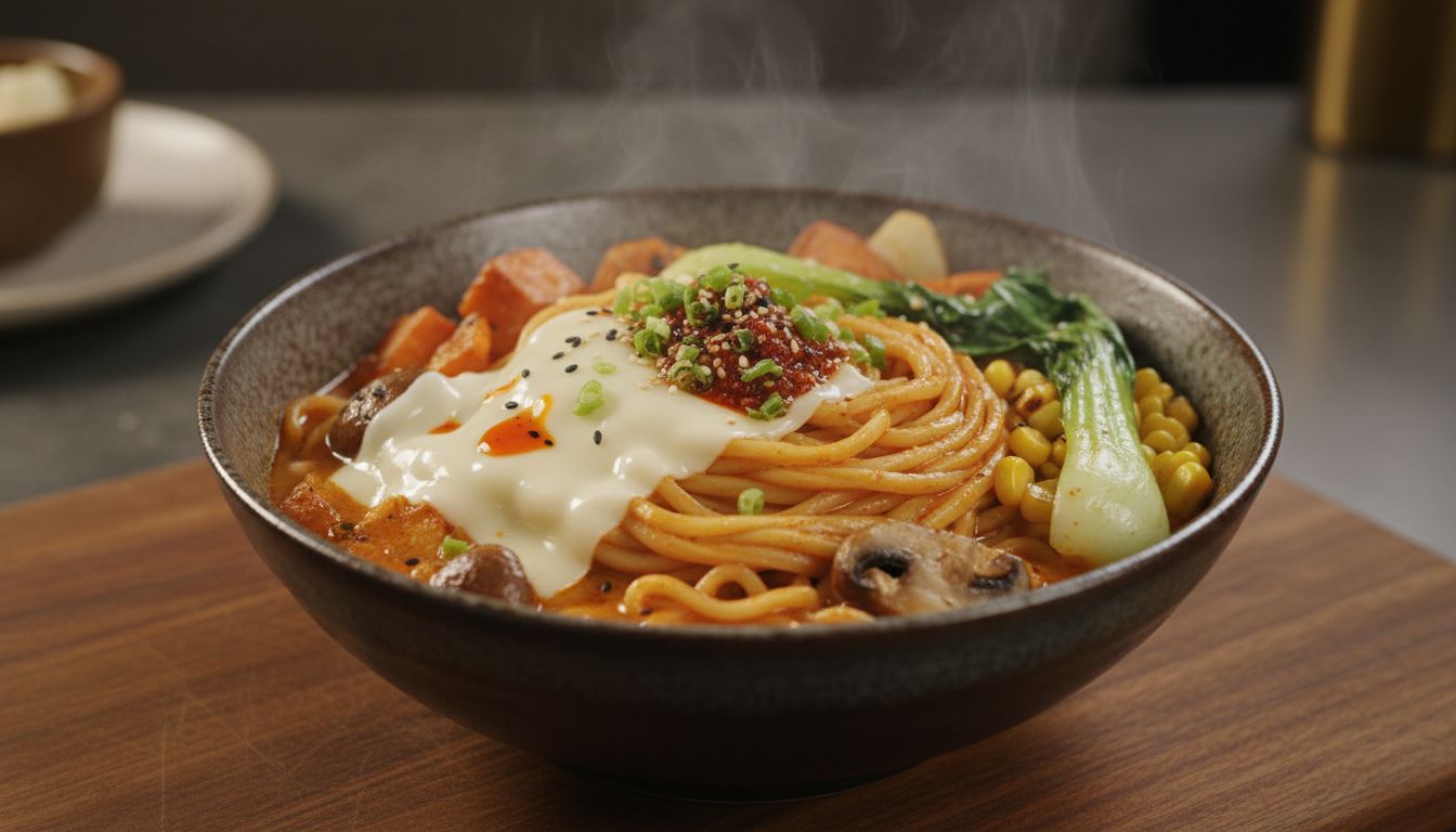 고추장버터 라면의 꾸덕하고 매콤한 소스와 쫄깃한 면의 클로즈업