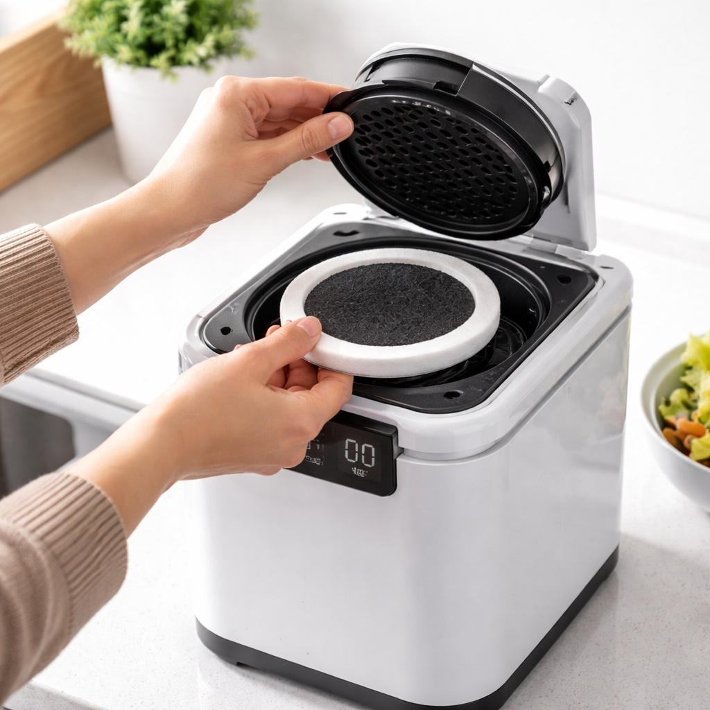 깨끗한 주방에서 필터 커버를 열고 새 필터를 교체하는 모습의 실사 이미지