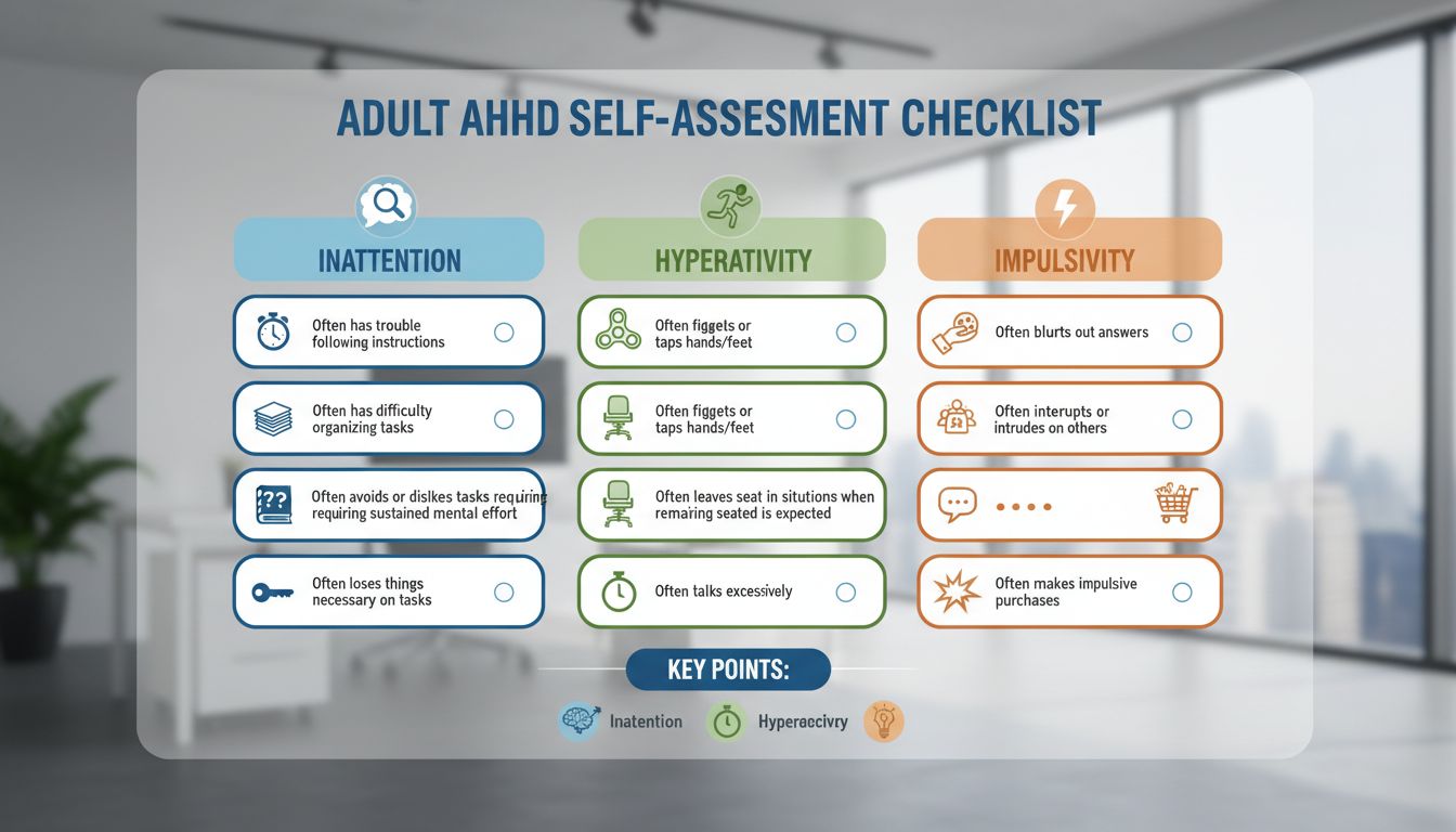 성인 ADHD 자가진단 체크리스트의 주요 증상을 시각적으로 보여주는 인포그래픽