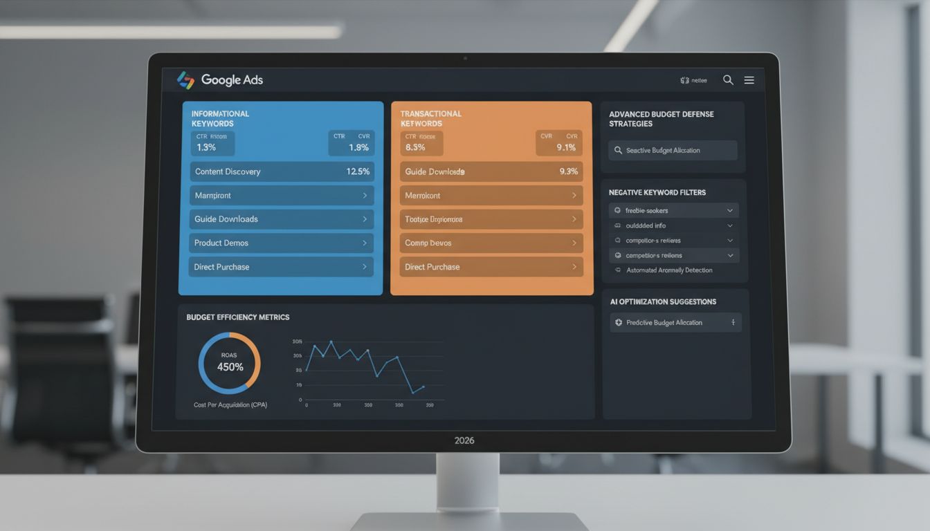 정보성 키워드와 구매전환성 키워드로 분리된 광고 캠페인 및 부정 키워드 전략을 보여주는 디지털 마케팅 대시보드