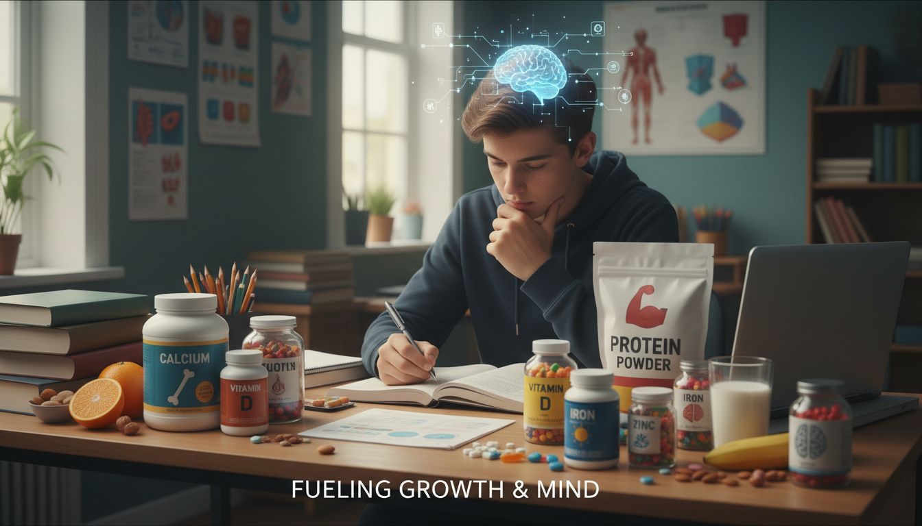청소년이 성장과 두뇌 건강에 필요한 칼슘, 비타민 D, 철분, 단백질, 아연 등의 필수 영양소와 함께 공부하는 모습