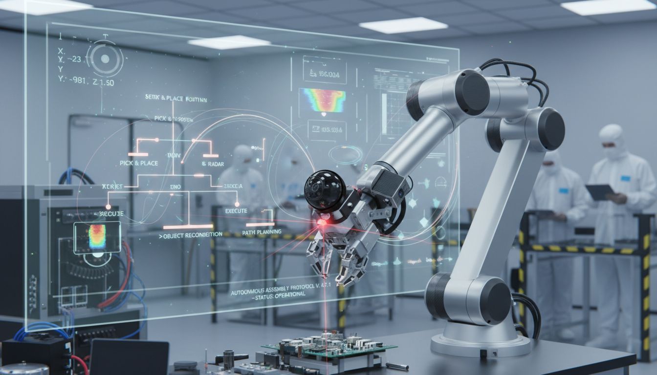 다양한 센서가 장착된 첨단 로봇 팔이 자율 판단 기술과 센서 퓨전을 통해 작업하는 모습