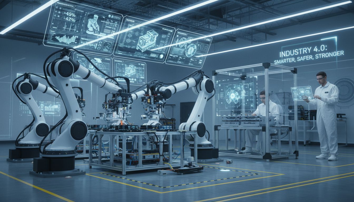 산업 현장에서 협동 로봇이 정밀 작업을 수행하며 AI 시스템이 생산성과 안전성 향상을 지원하는 장면