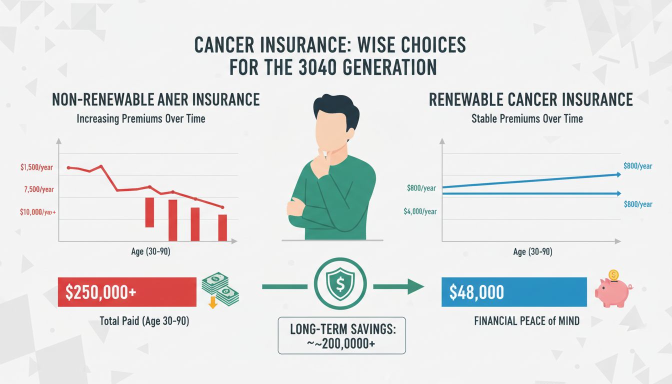 비갱신형과 갱신형 암보험의 보험료 납입 비교 그래프 인포그래픽