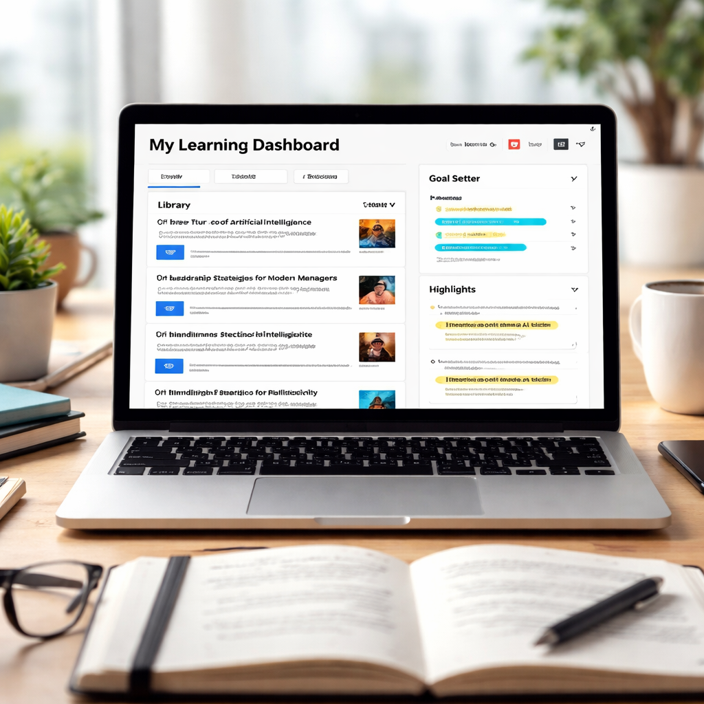 퍼블리 콘텐츠를 효과적으로 활용하는 모습으로, 목표 설정과 학습 자료가 정리된 디지털 학습 시스템을 보여주는 현대적인 사무실 책상 이미지