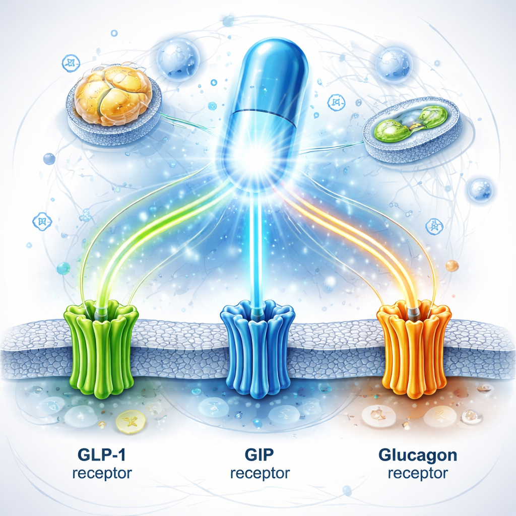 GLP-1 GIP 글루카곤 삼중 수용체를 동시에 자극하는 차세대 비만 치료 신약의 미래지향적 의학 일러스트