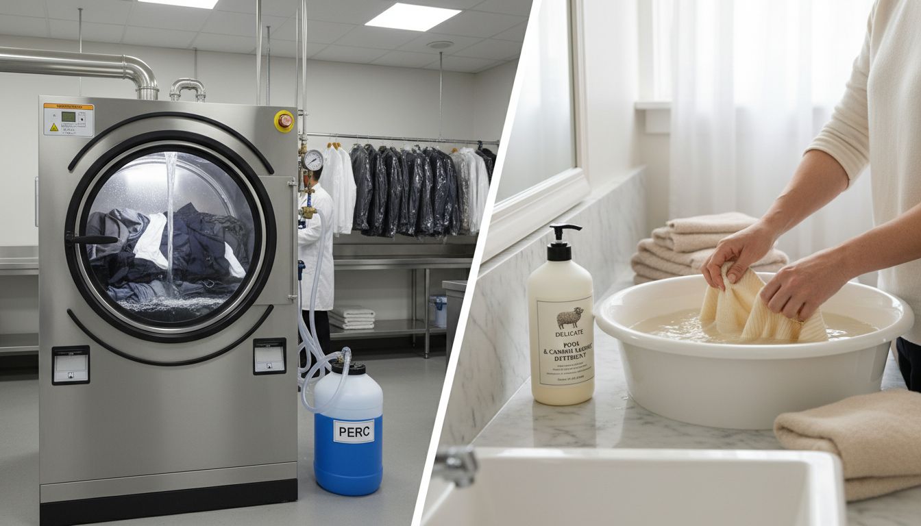 드라이클리닝과 손세탁 과정을 나란히 보여주는 이미지