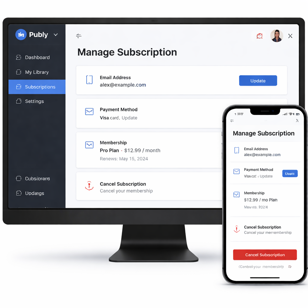 퍼블리 구독 계정 관리와 해지 옵션이 보이는 UI 대시보드 화면