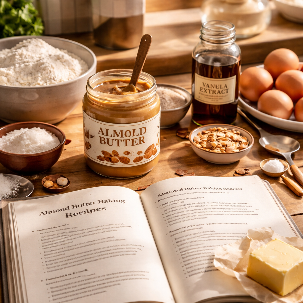 아몬드버터 베이킹 재료들이 놓여진 주방 풍경