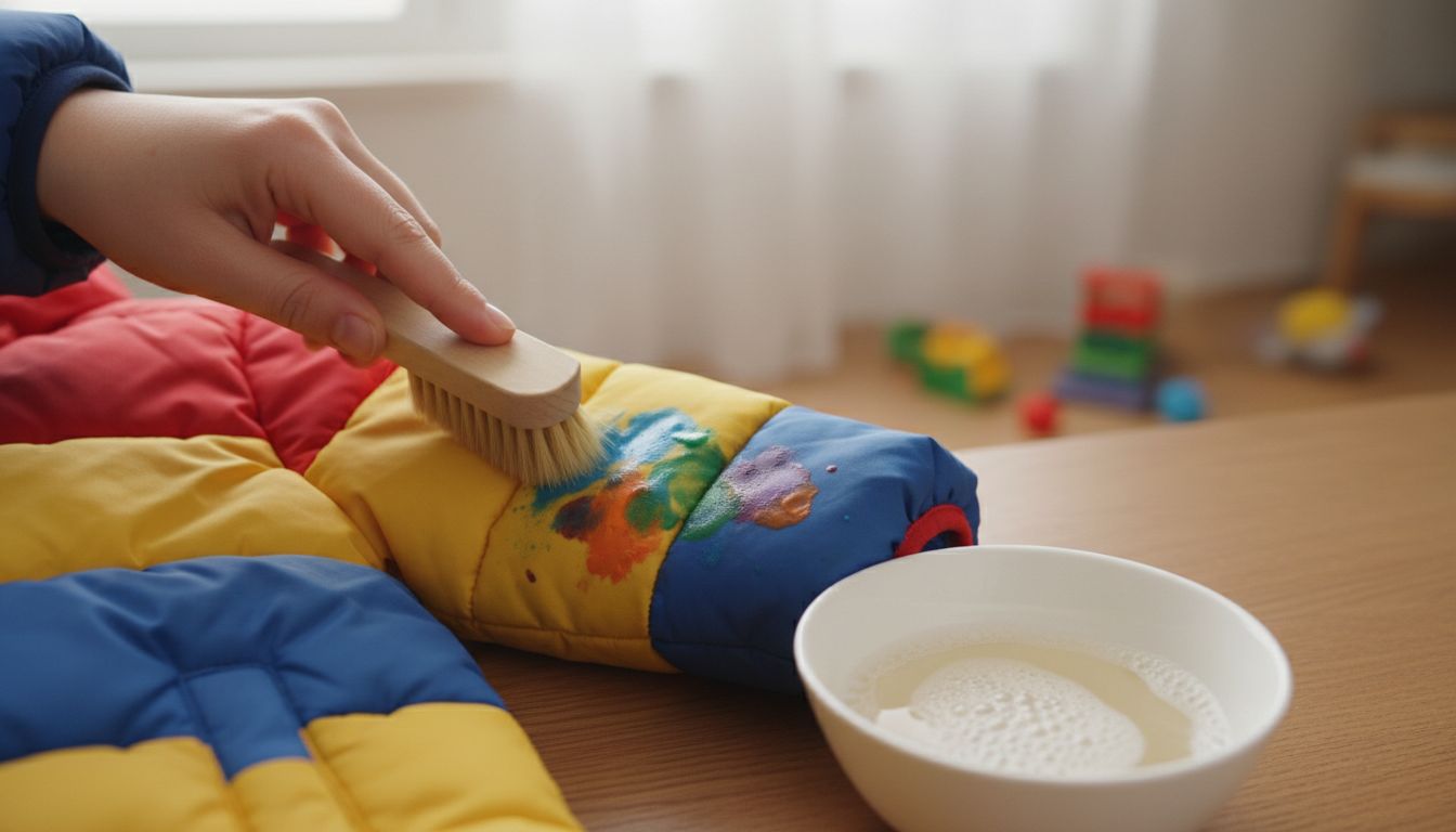 부드러운 칫솔로 유아 패딩의 얼룩을 부분 세탁하는 모습