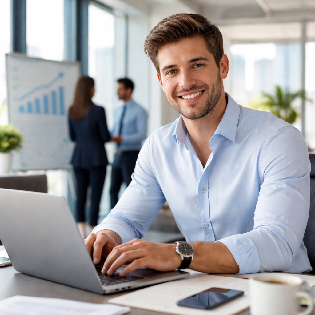 성장을 갈망하는 직장인이 현대적인 사무실에서 노트북으로 업무하며 성공을 향해 나아가는 모습