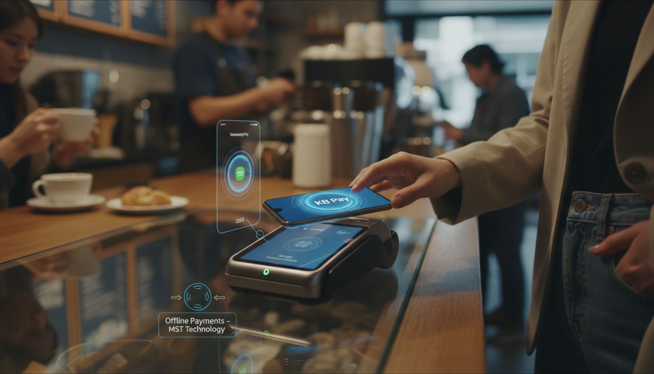 스마트폰으로 MST 결제 단말기에 결제하는 모습, 지갑 없이 편리한 오프라인 결제 장면