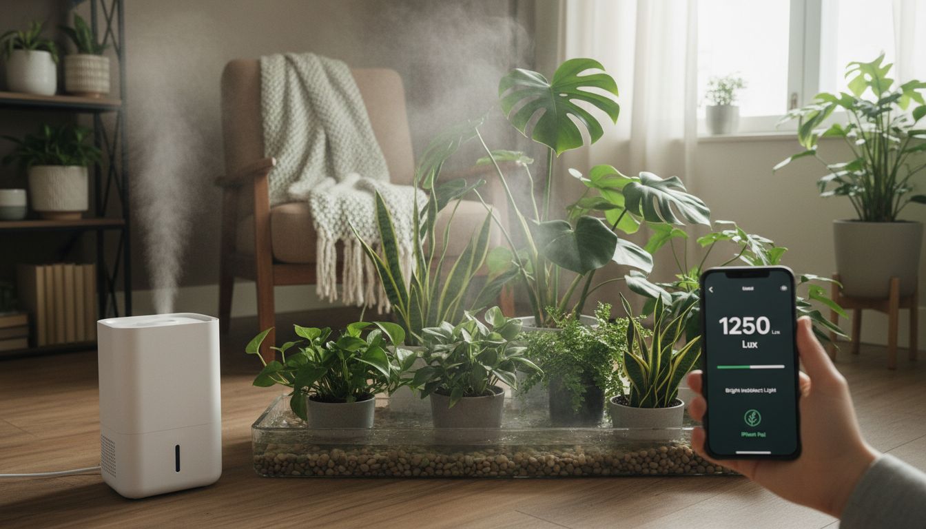 자갈 받침 위에 여러 실내 식물이 모여 있고 물이 증발하는 모습과 근처에 가습기가 작동 중이며 스마트폰에 조도계 앱이 실행되어 있는 아늑한 실내 환경
