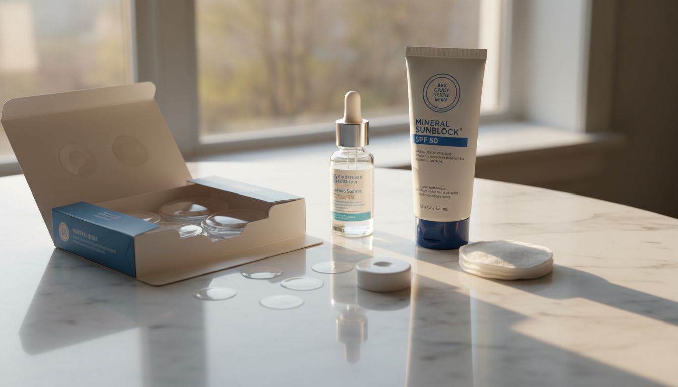 쥐젖 제거 후 관리용 하이드로콜로이드 밴드와 자외선 차단제 제품을 보여주는 욕실 카운터 사진