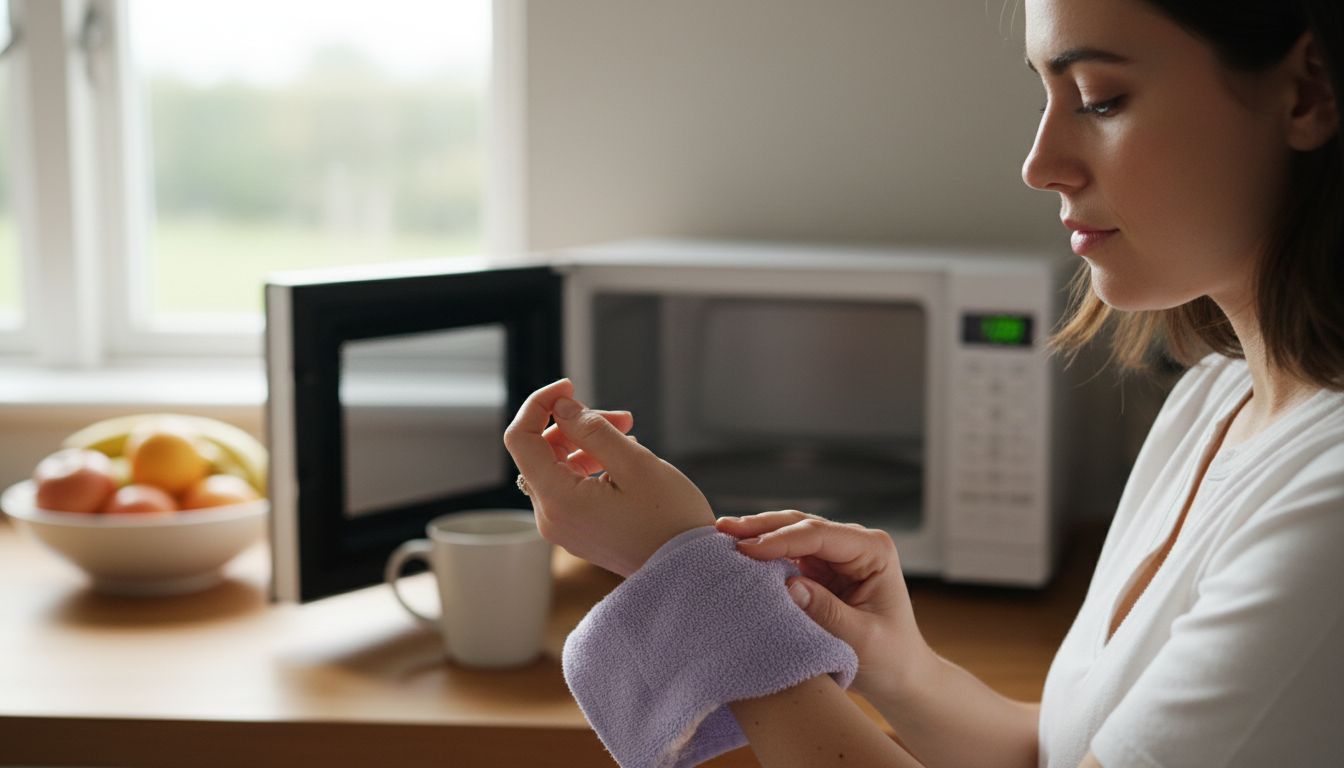 전자레인지로 가열한 눈찜질팩 온도를 손목 안쪽에서 확인하는 모습을 보여주는 안전한 사용법 이미지