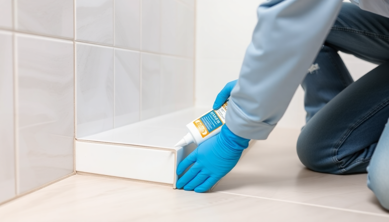 욕실 타일 가장자리에 무초산 바이오 실리콘 실란트를 마스킹 테이프와 함께 깔끔하게 바르는 전문가 모습