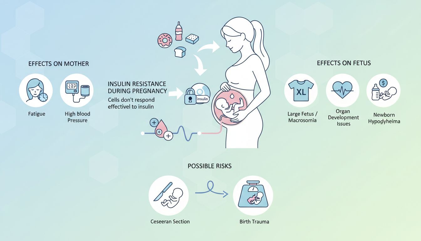 임신성 당뇨병의 개념과 산모와 태아에 미치는 영향, 위험 요소를 도식화한 이미지