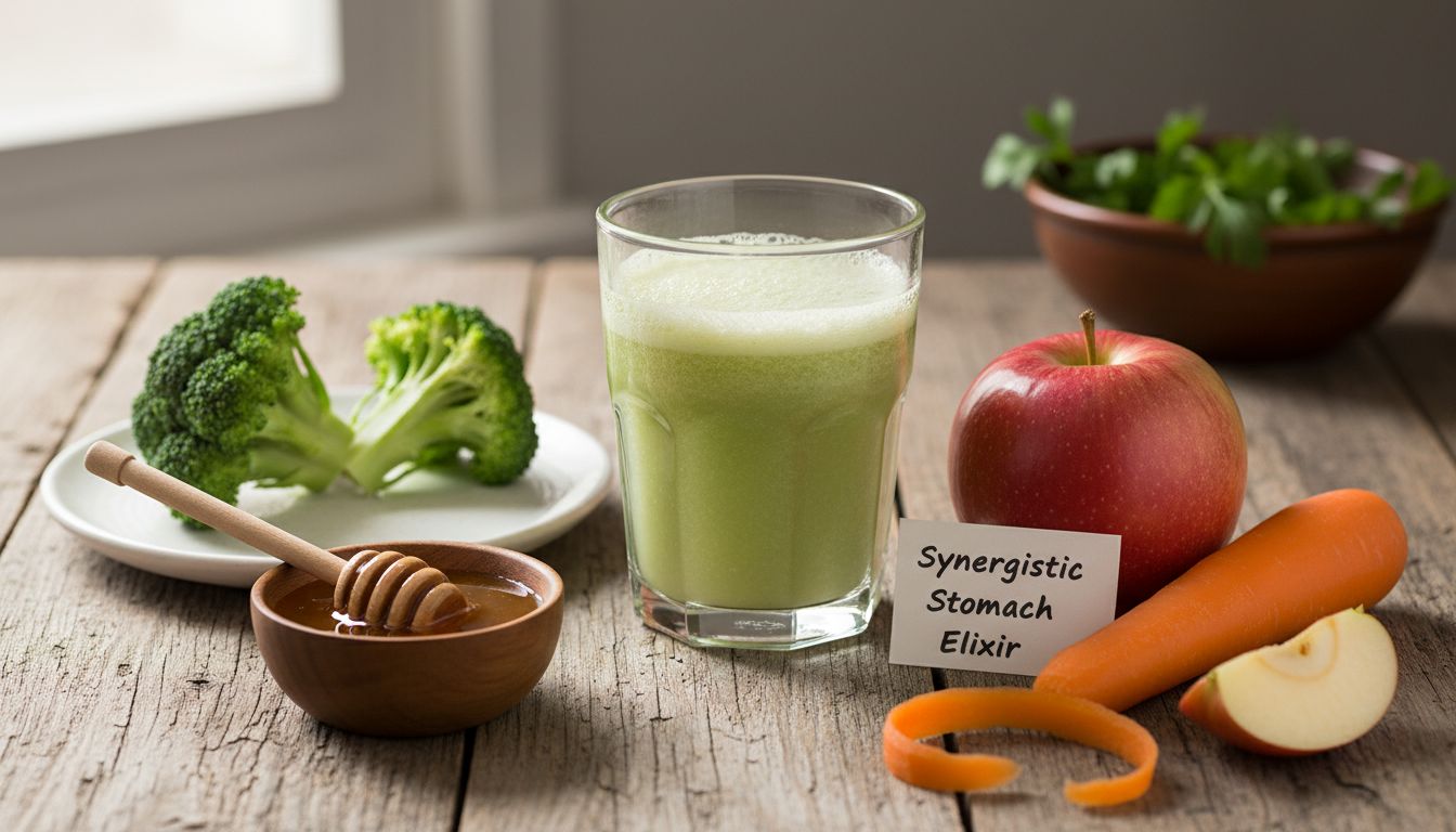 양배추즙과 함께 브로콜리, 꿀, 사과, 당근을 곁들여 위 건강 증진을 시각적으로 표현한 이미지