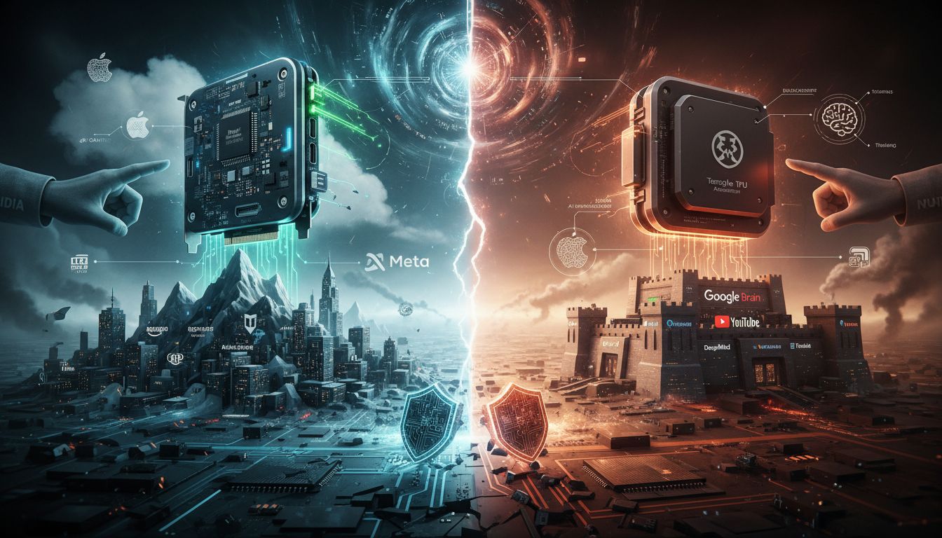 AI 반도체 산업의 경쟁 구도를 NVIDIA GPU와 구글 TPU의 대조를 통해 시각화하고 빅테크 기업들이 자체 AI 칩을 개발하는 모습을 상징적으로 표현한 고화질 실사 스타일 이미지