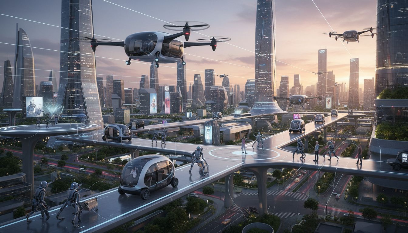 현대차가 꿈꾸는 미래 모빌리티 생태계의 모습, 도심 항공 모빌리티와 자율주행 차량, 로봇이 조화롭게 작동하는 고화질 실사 이미지