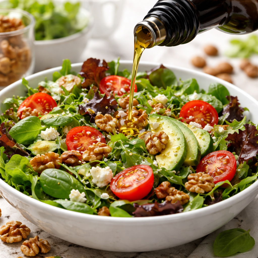 신선한 채소와 호두 오일 드레싱이 어우러진 건강한 샐러드 그릇과 드레싱을 붓는 장면