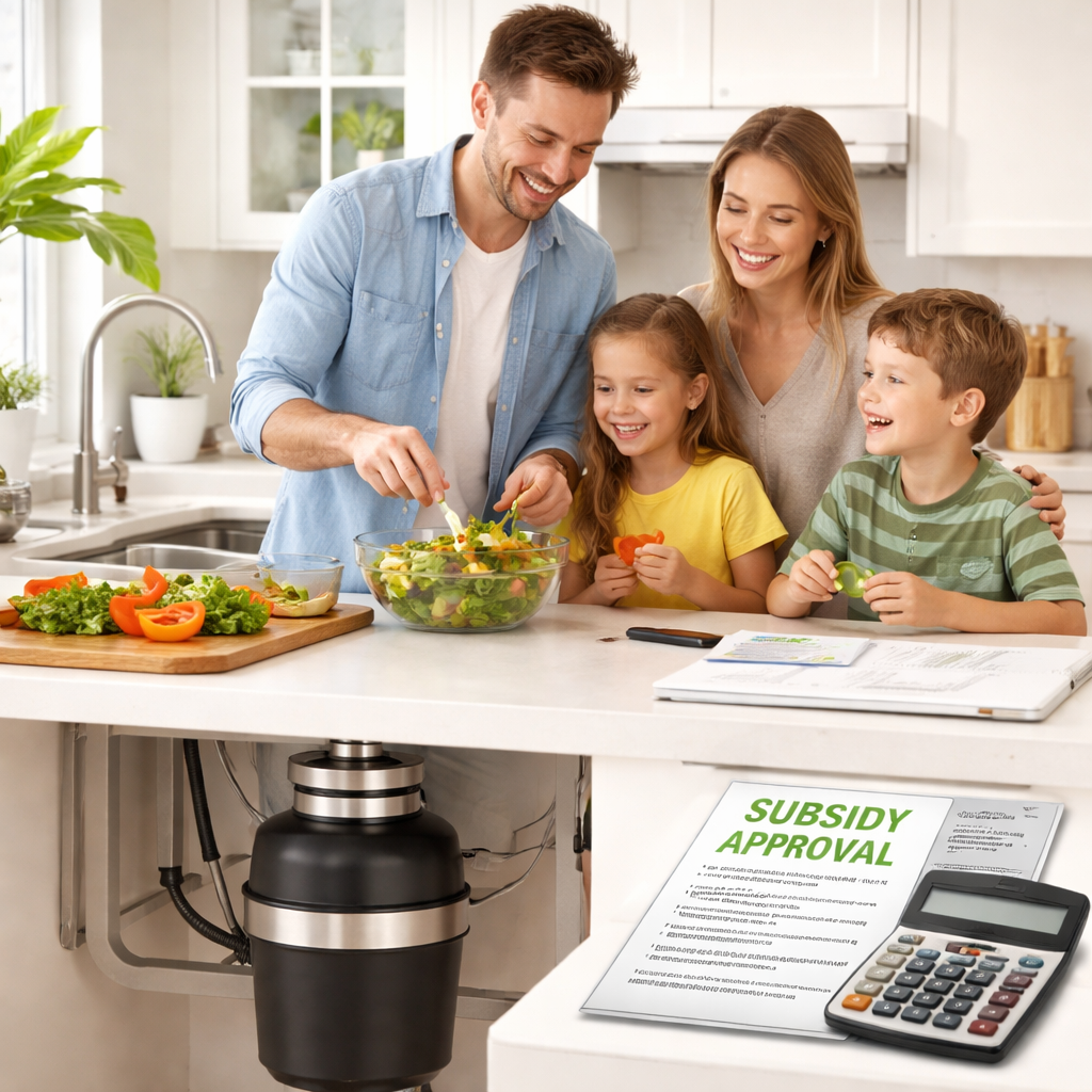 정부 보조금과 할인 혜택을 활용해 현명하게 음식물처리기를 구매한 가족의 모습