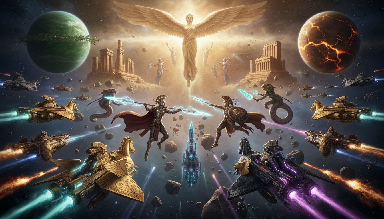그리스 로마 신화에서 영감을 받은 방대한 우주 오페라와 미래지향적 캐릭터들이 등장하는 서사적 전투 장면
