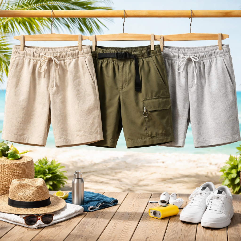린넨 시어서커 블렌드, 나일론 유틸리티, 아이스 스판 스웨트 반바지 3가지 스타일을 보여주는 여름 의류 이미지