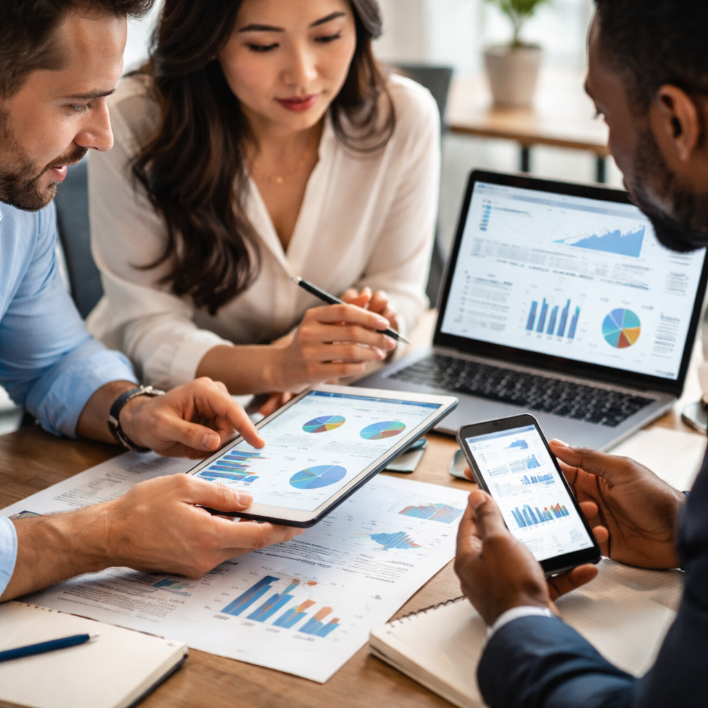현직 전문가들이 사무실에서 디지털 기기를 보며 협업하고 있는 모습, 고품질 지식 공유의 현장