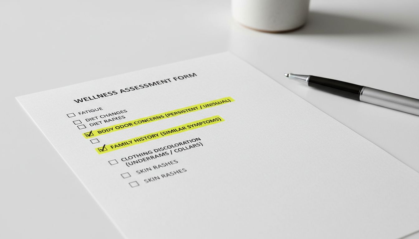 체취 자가진단 체크리스트와 관련 항목들이 강조된 이미지