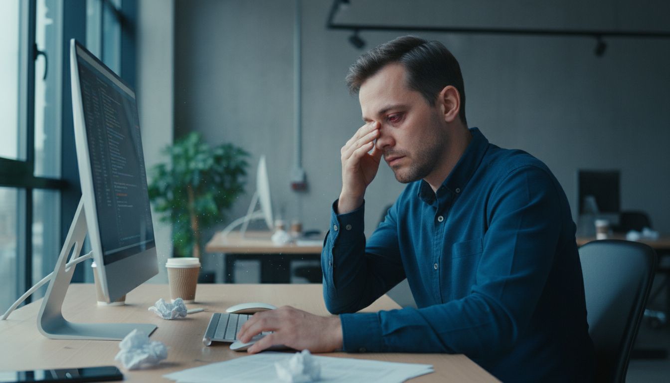컴퓨터 앞에서 눈이 피곤한 사람의 모습과 블루라이트가 나오는 화면을 보여주는 이미지