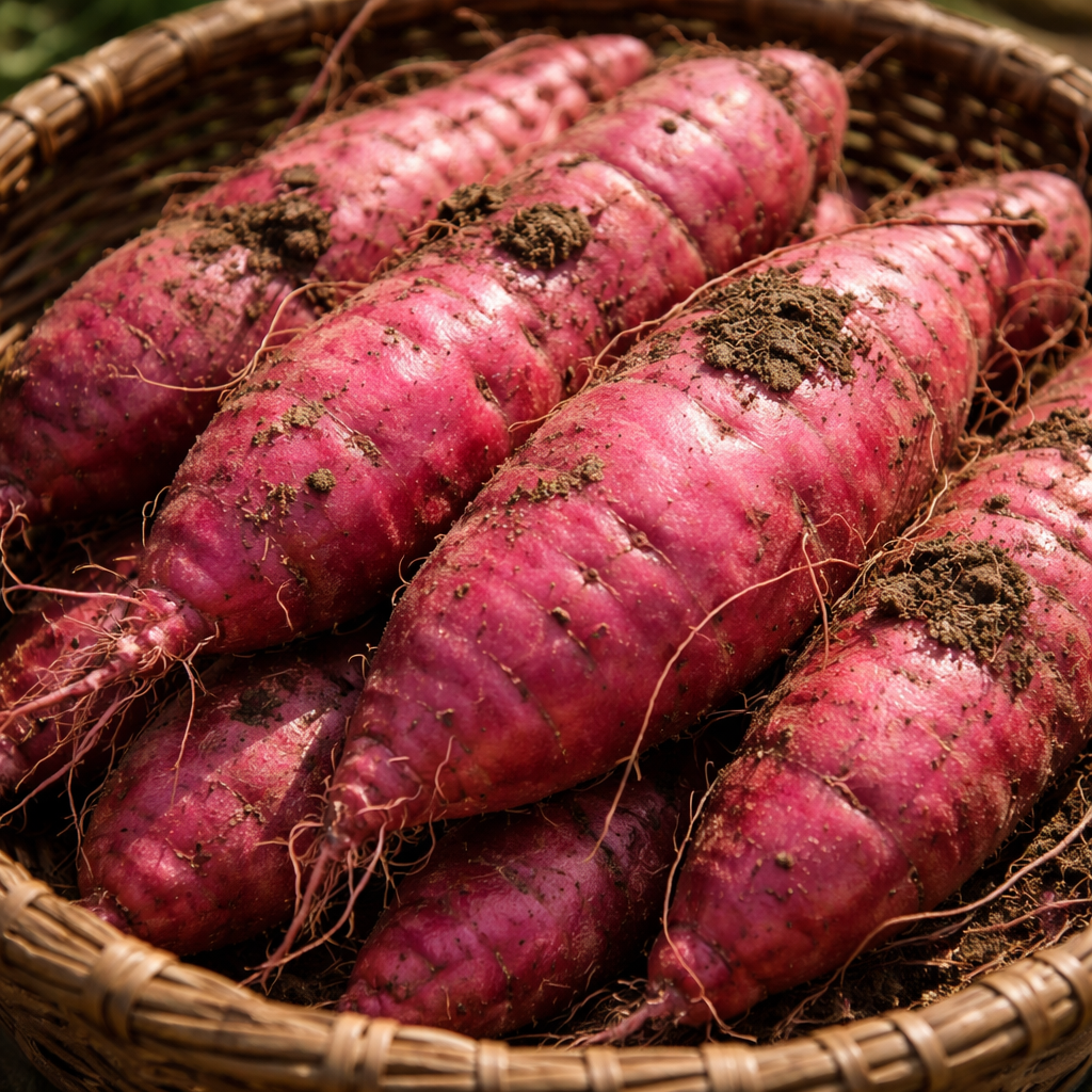 갓 수확한 베니하루카 고구마의 표면과 흙이 묻은 상태를 보여주는 이미지