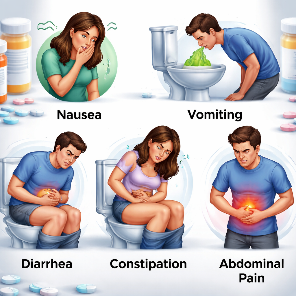 먹는 위고비 복용 시 흔하게 나타나는 위장관계 부작용들을 상징적으로 보여주는 이미지