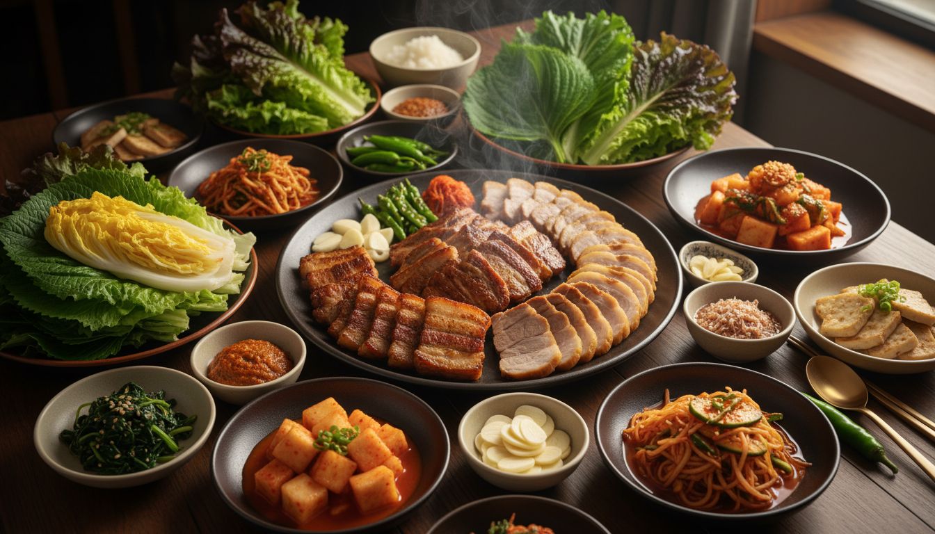 저탄고지 한식 외식 메뉴 구성: 삼겹살, 보쌈, 신선한 채소와 김치