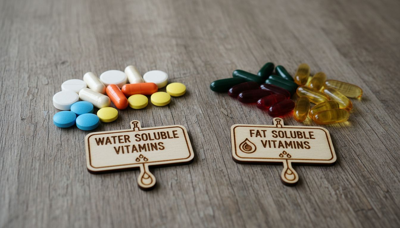 수용성 비타민과 지용성 비타민을 시각적으로 구분한 다양한 비타민 알약들