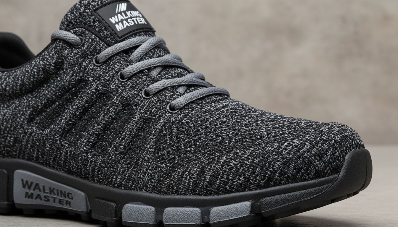 워킹마스터 로고가 선명하게 보이는 블랙 그레이 색상의 일상용 물컹슈즈 정면 사진