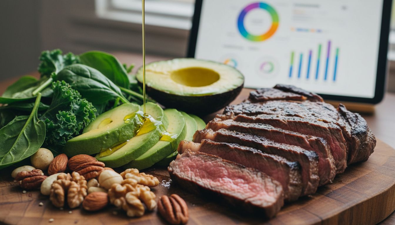 클린 키토 식단을 보여주는 아보카도, 올리브 오일, 견과류, 자연 방목 육류, 잎채소와 함께 식단 기록 앱을 배경으로 한 이미지