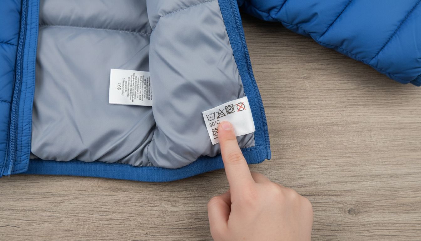 아이 패딩의 케어라벨과 세탁 기호를 자세히 보여주는 이미지