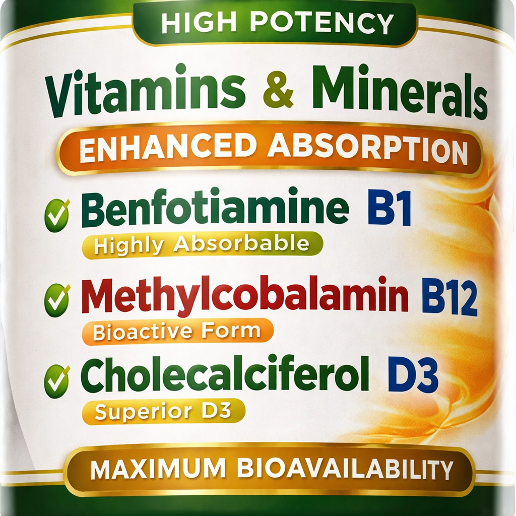 흡수율 높은 활성형 비타민과 미네랄 성분이 표시된 비타민 보충제 라벨 클로즈업