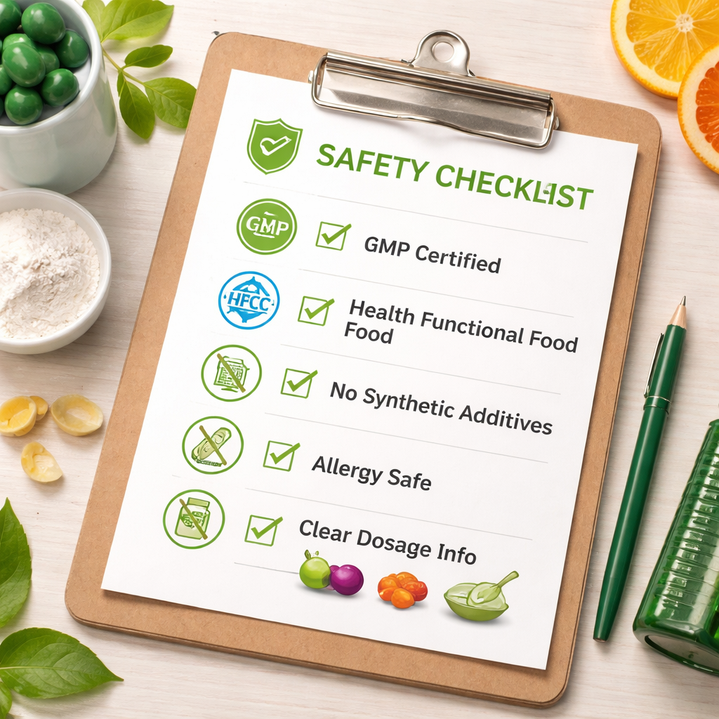 청소년 비타민 안전성 체크리스트가 적힌 클립보드와 주요 인증 마크, 안전한 제품 선택 기준을 나타내는 아이콘 이미지