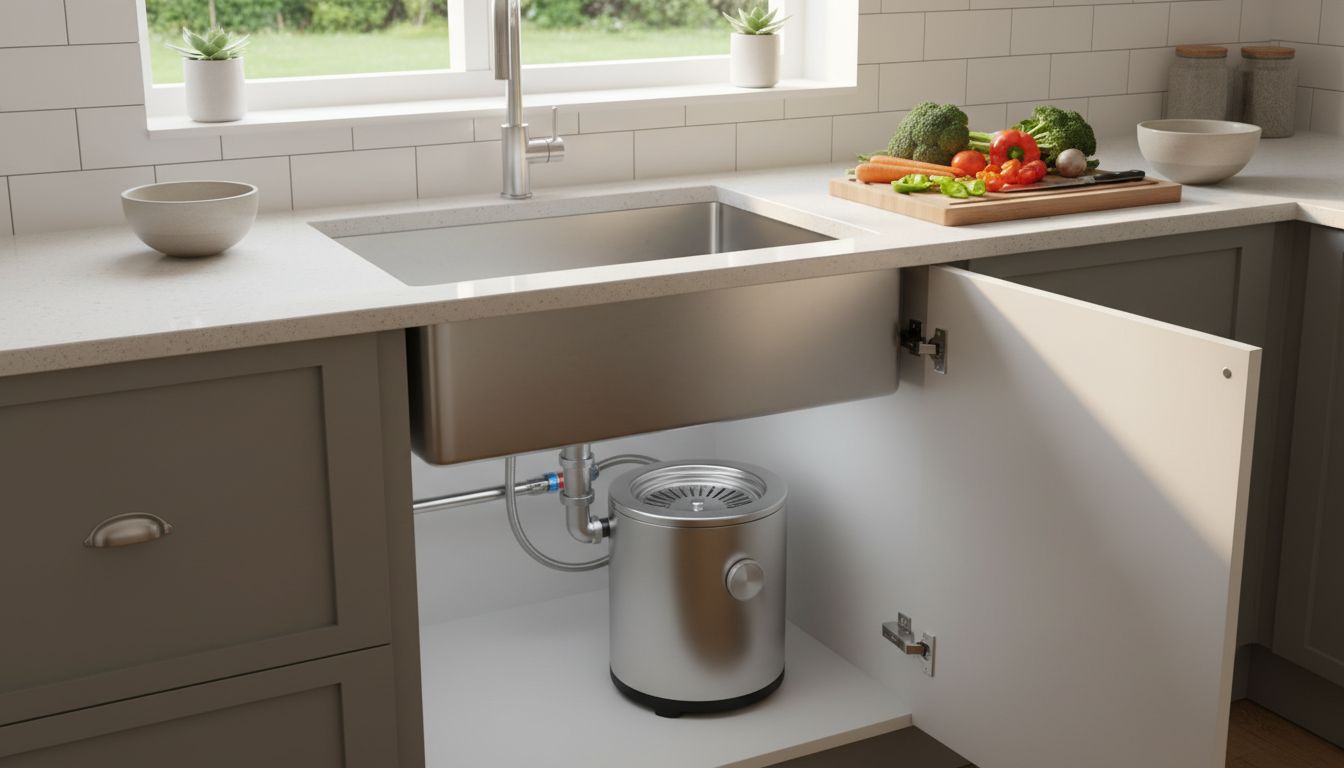 깨끗한 주방 환경에서 설치된 최신 음식물처리기 모습