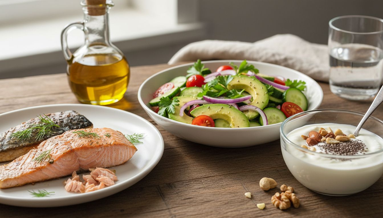 지용성 비타민 흡수를 높여주는 건강한 지방이 포함된 식사 예시 이미지