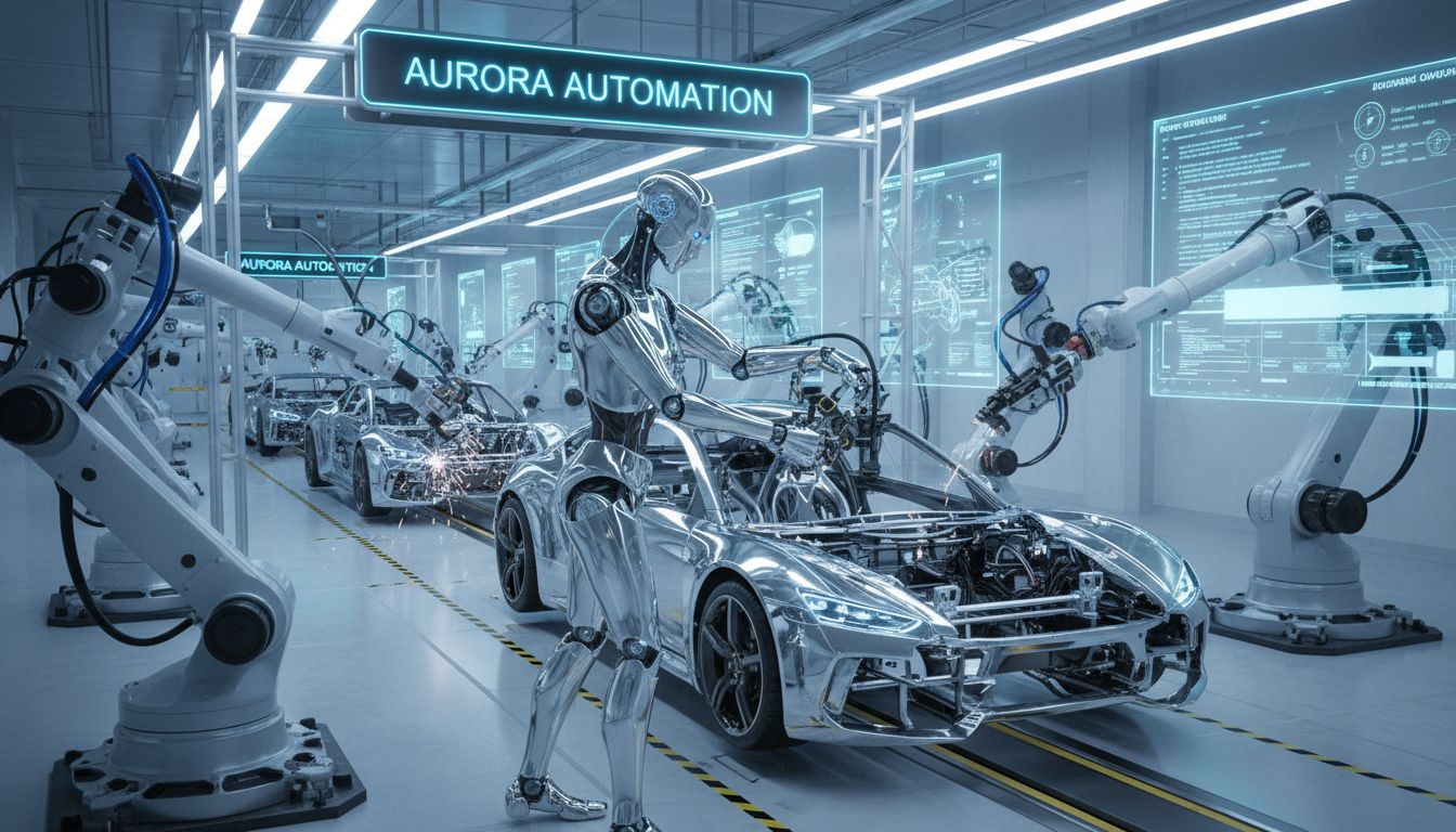 첨단 AI 기술을 활용해 자동차 제조 공장에서 일하는 미래형 휴머노이드 로봇의 모습