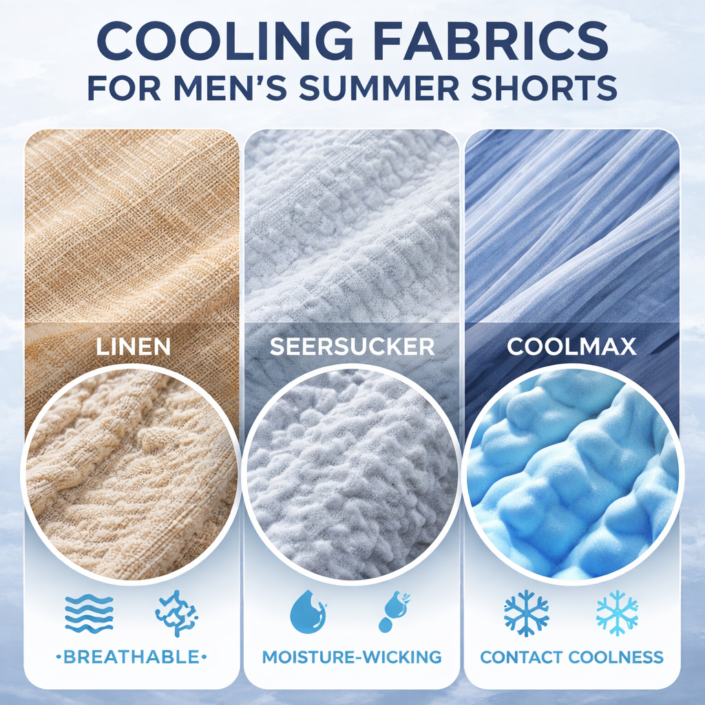 남성 여름 반바지 냉감 소재의 통기성, 흡습속건, 접촉냉감 원리를 시각적으로 표현한 고화질 실사 이미지