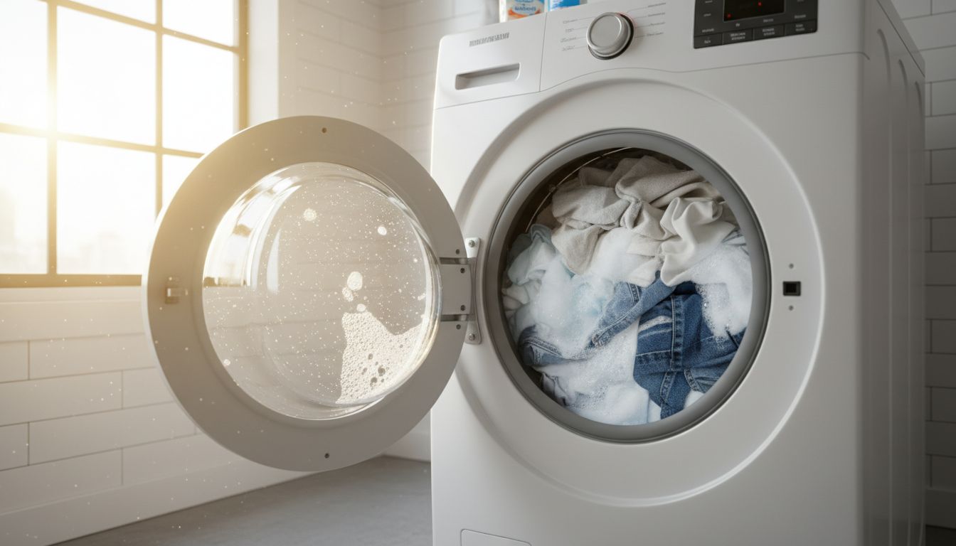 베이킹소다와 세제가 섞인 물에 담근 옷과 햇볕이 비치는 세탁기 모습