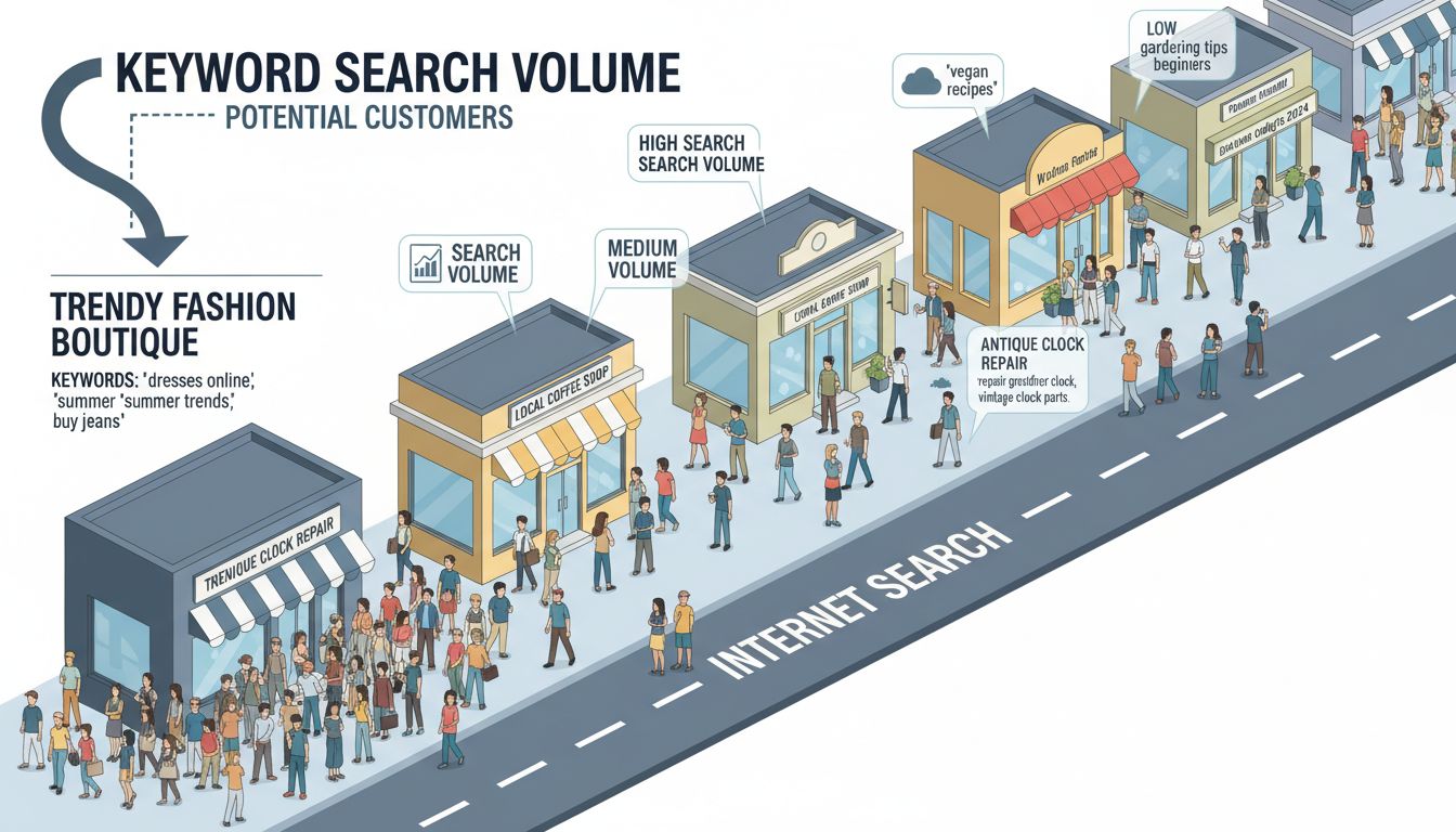 가게 앞을 지나는 사람들로 비유하여 키워드 검색량의 개념을 설명하는 일러스트 인포그래픽 이미지