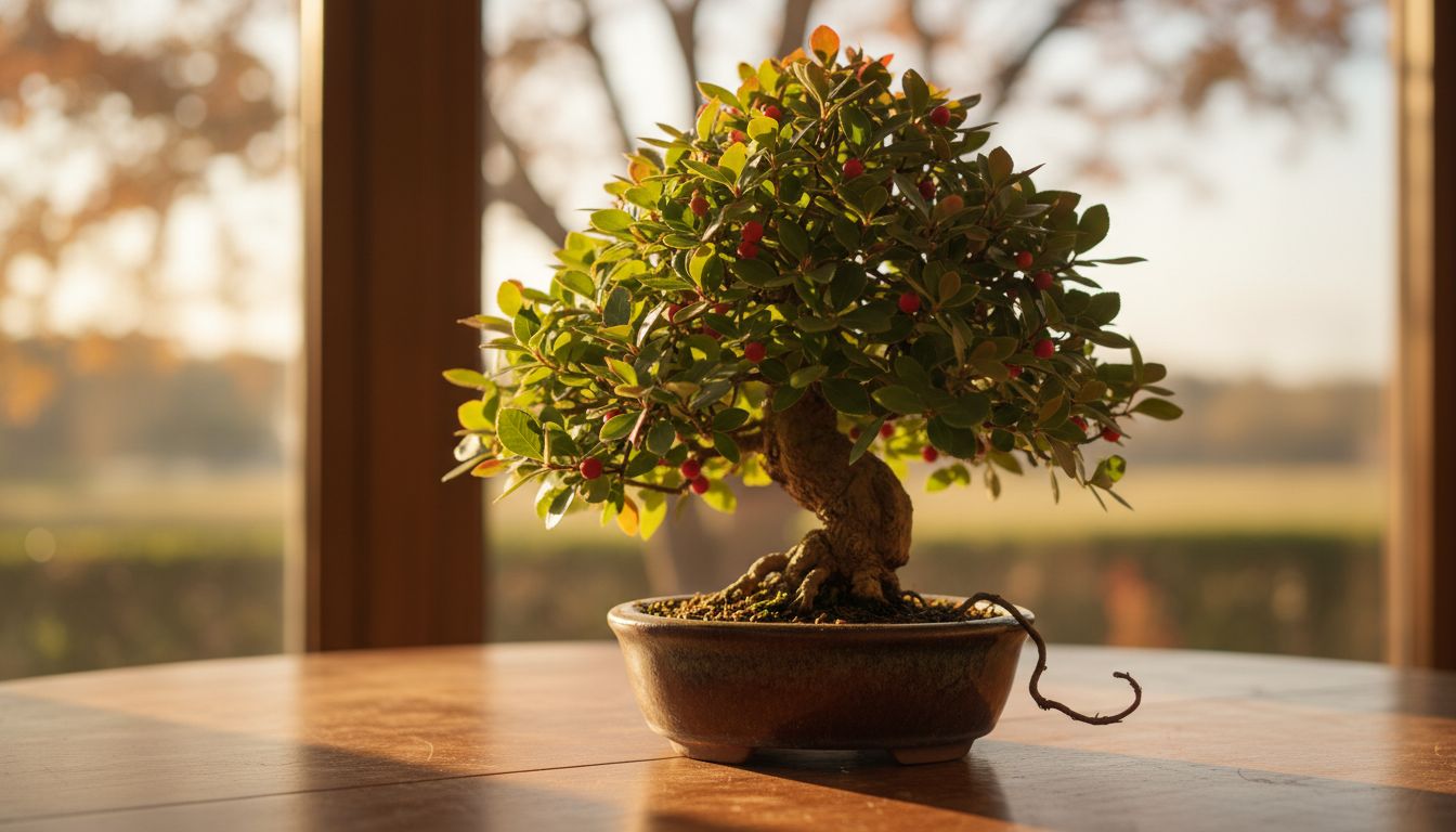 작고 촘촘한 잎과 붉은 열매가 있는 청짜보 분재의 실사 이미지