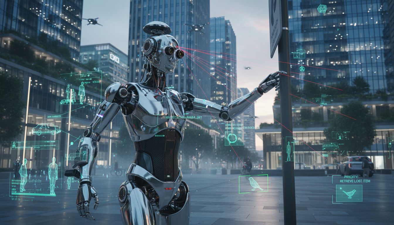최신 피지컬 AI 로봇이 센서와 함께 실제 세계에서 지능적으로 상호작용하는 모습