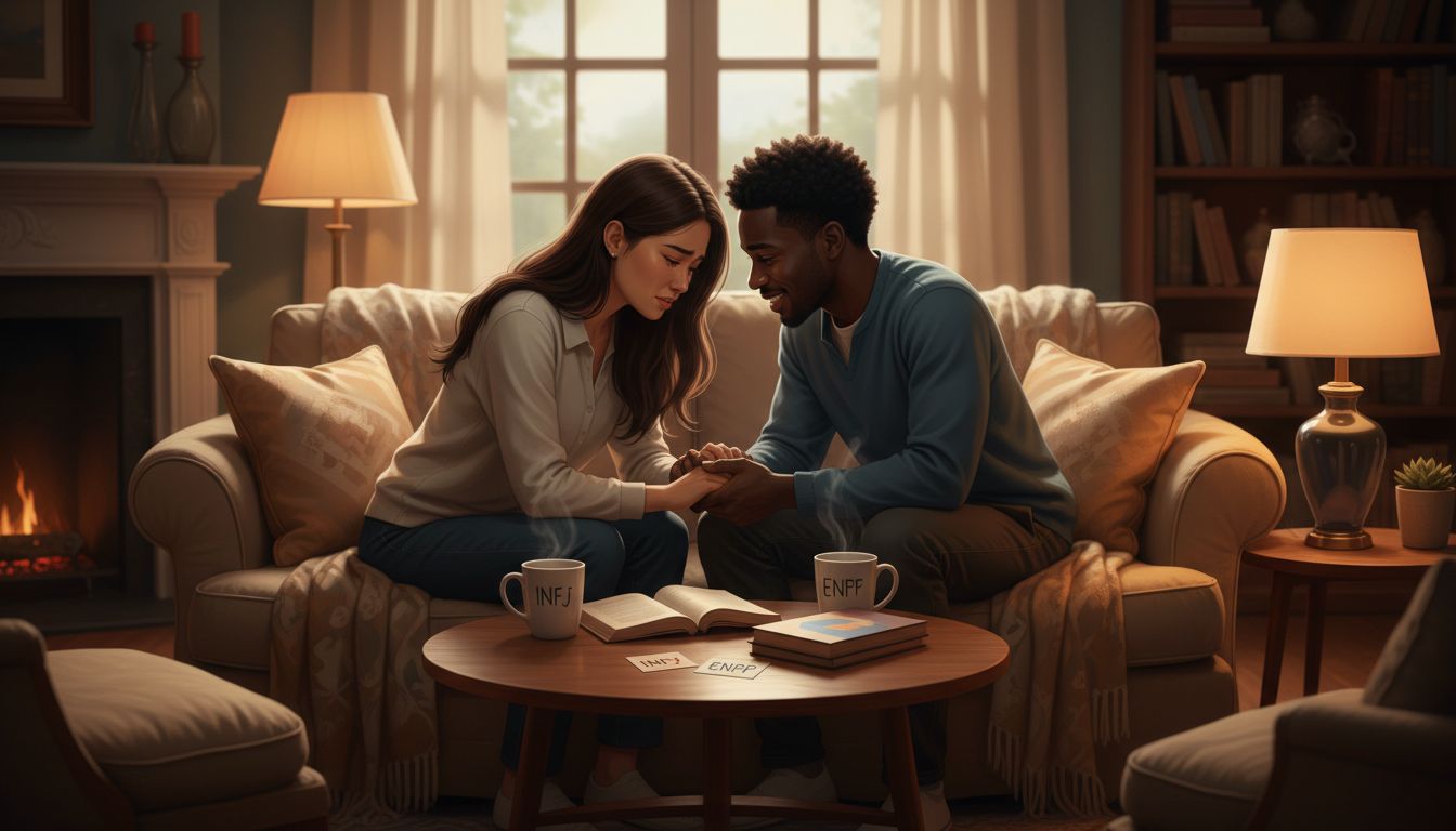 MBTI 궁합을 통해 깊은 교감과 이해를 나누는 젊은 커플의 따뜻한 대화 장면