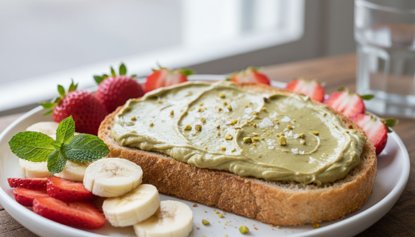 구운 사워도우 빵에 피스타치오 스프레드를 바르고 굵은 소금을 뿌린 모습, 옆에 신선한 과일이 함께 놓여 있음